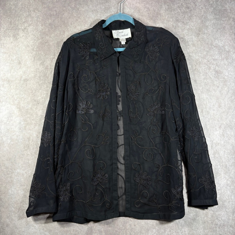 Vintage Sarah Elizabeth Blouse Women 14 Black Sheer Floral Embroidered Goth Dark
